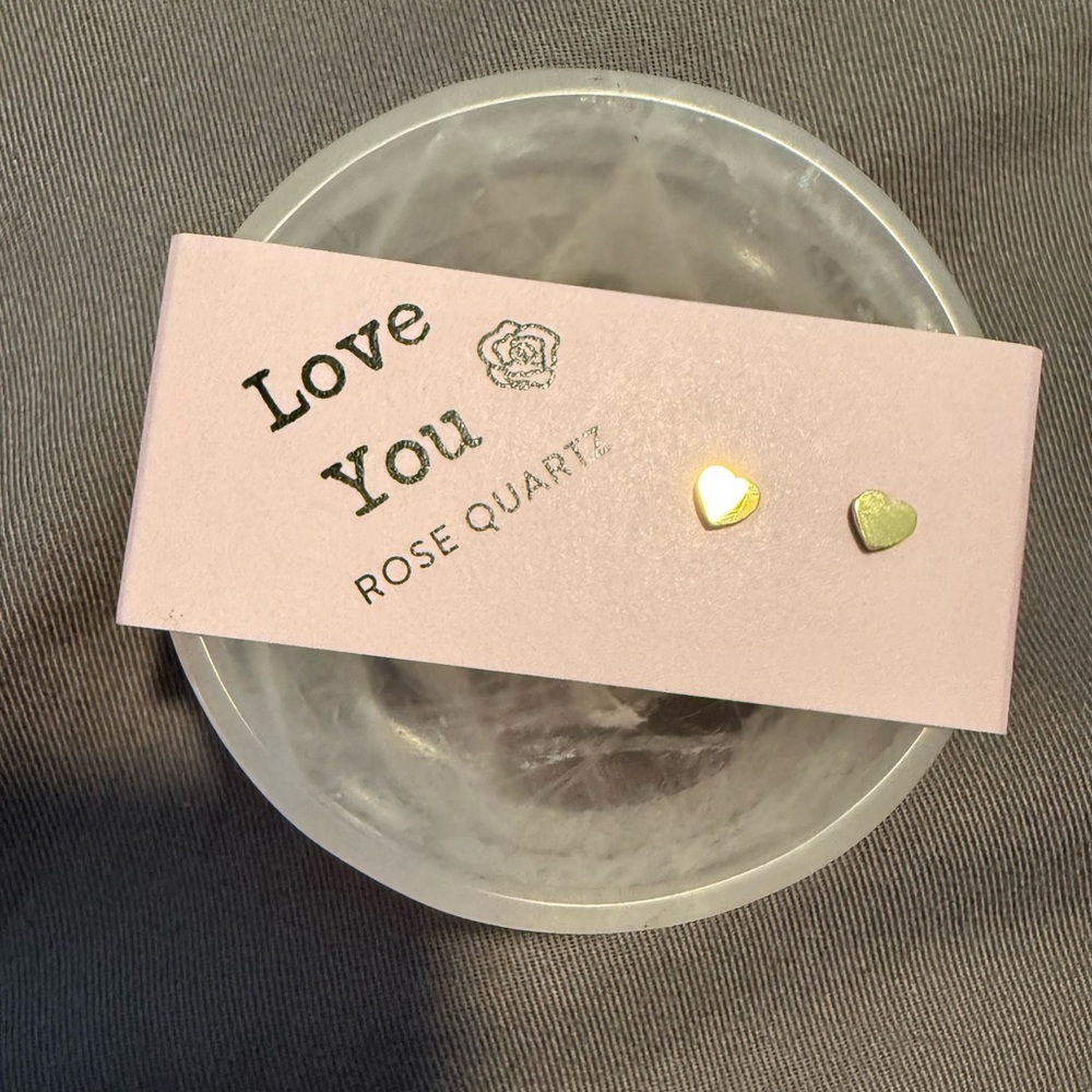 Love You Small Heart Stud Earrings - Gold Plated with Rose Quartz Jewelry Dish